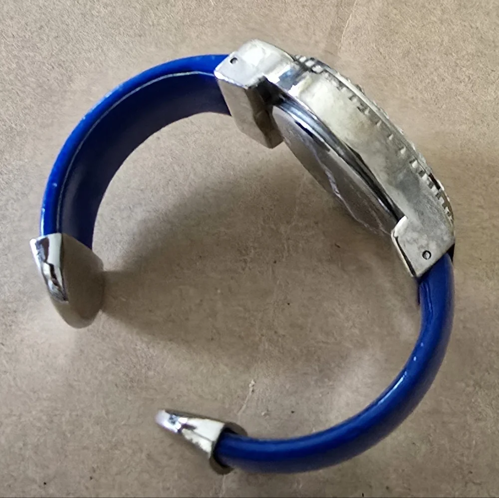 Accutime Rhinestone Ladies Silver Tone Blue Cuff Band Watch Working